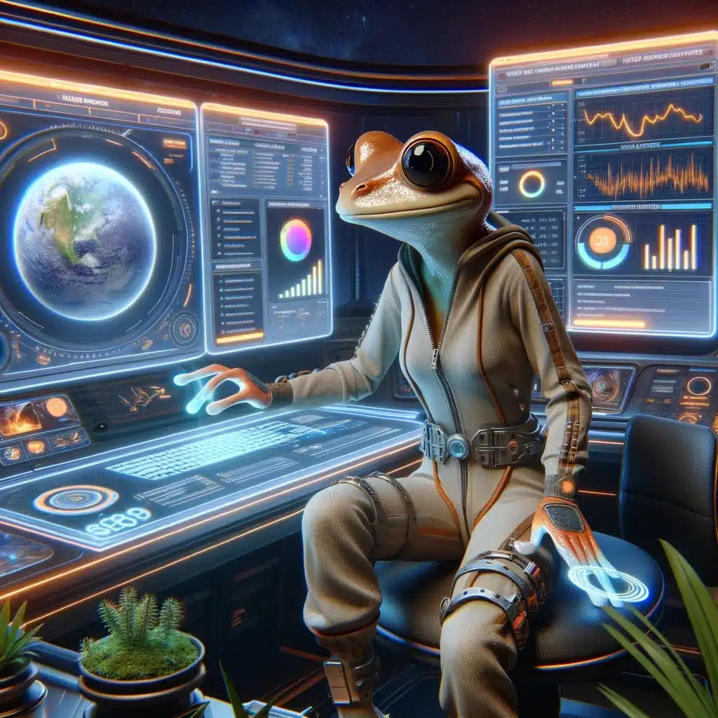 image AI grenouille assise devant un écran