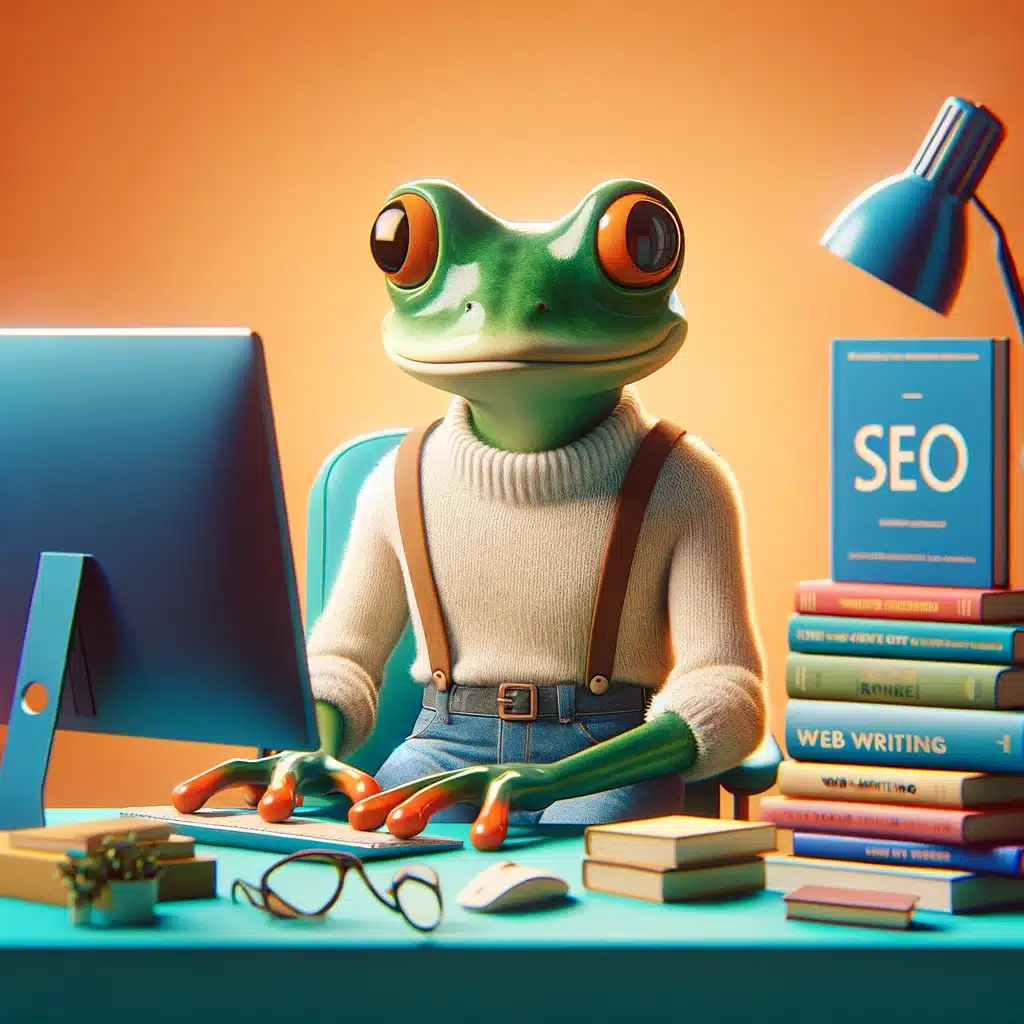 image AI grenouille assise devant un ordinateur